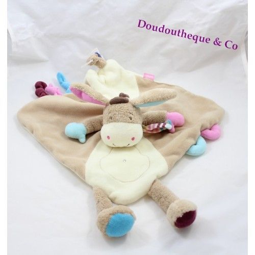 Doudou Plat Âne Babysun Beige Rose Bleu 48 Cm