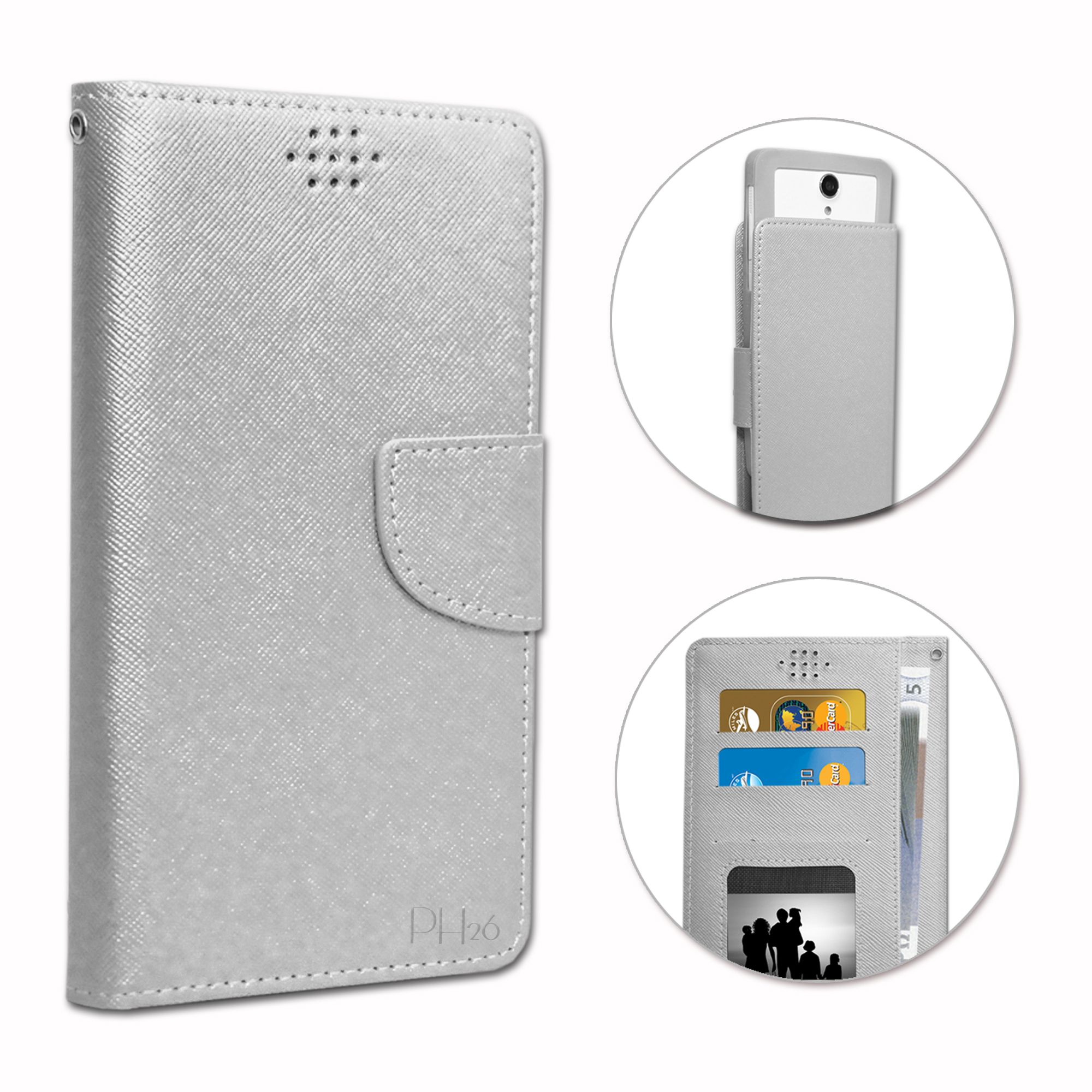 Nokia Lumia 735 Etui Housse Folio Argent Façon Cuir Texturé Avec Porte Cartes Et Surpiqûres Apparentes By Ph26®