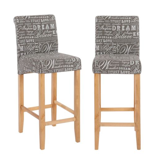Lot De 2 Tabourets De Bar Hwc-C33   Tissu Words Fabric, Gris, Pieds Clairs