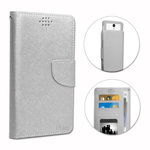 Huawei Ascend Mate 7 Etui Housse Folio Argent Façon Cuir Texturé Avec Porte Cartes Et Surpiqûres Apparentes By Ph26®