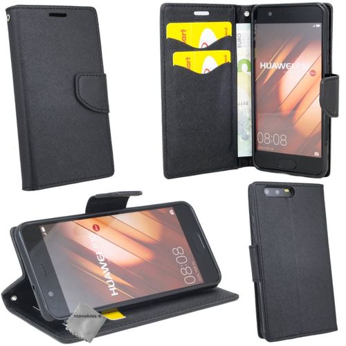Housse Etui Coque Pochette Portefeuille Pour Huawei P10 + Verre Trempe - Noir / Noir