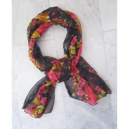 Foulard Noir Avec Fleurs De Différentes Couleurs: Orange, Rouge Etc. Neuf. Foulard Fin. 