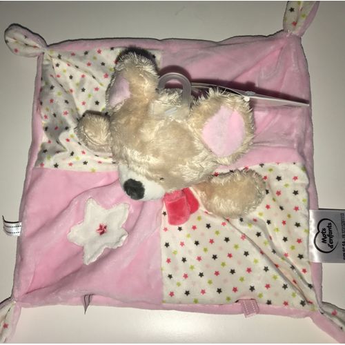 Doudou Souris Rose Blanc Beige Etoiles Plat Mots D'enfants 