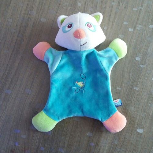 Doudou Plat Sucre D'orge Rayon Raton Laveur Bleu Vert Rose Broderie Oiseau 