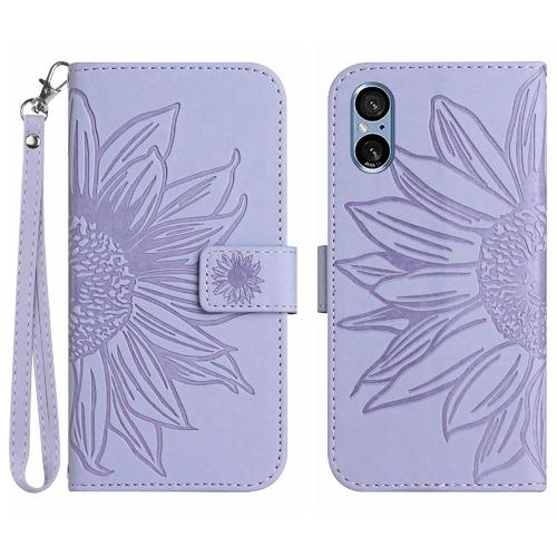 Étui Pour Sony Xperia 5 V Tournesol Gaufré Cuir Pu De Luxe Avec Porte-Fentes Pour Cartes Étui De Téléphone Portefeuille Flip Sangle Courte - Violet Clair