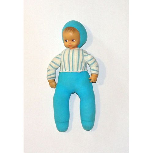 Poupon Bébé Bleu Rayé Ancien Doudou Poupée De Chiffon Rare Peluche Jetpartout Clodrey Vintage 40 Cm