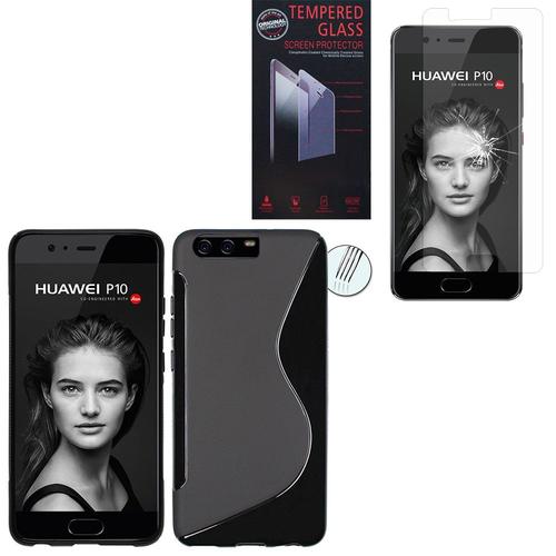 Huawei P10 5.1" (Non Compatible Huawei P10 Plus/ P10 Lite): Coque Etui Housse Pochette Accessoires Silicone Gel Motif S Line - Noir + 1 Film De Protection D'écran Verre Trempé
