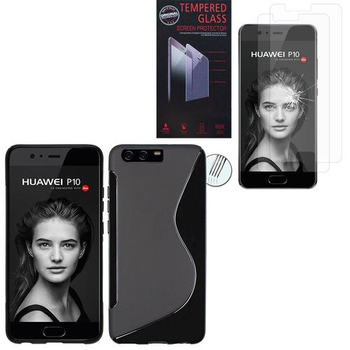 Coque Silicone Pour Huawei P10 5.1" Gel Motif S Au Dos - Noir + 2 Films Verre Trempé