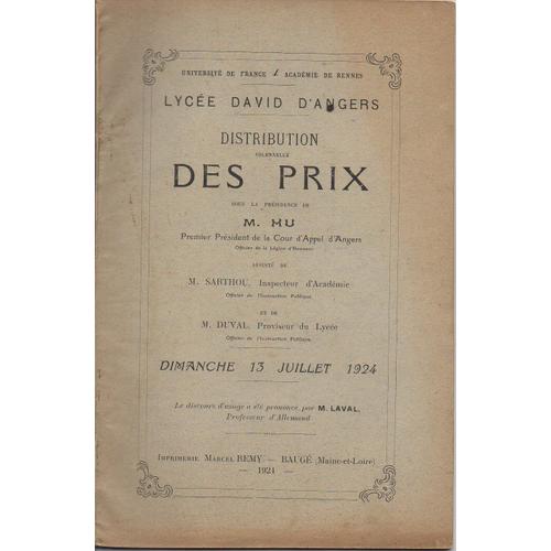 Lycée David D'angers - Distribution Solennelle Des Prix - 13 Juillet 1924 - M. Duval Proviseur