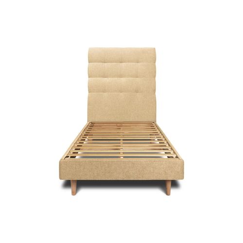 Lit 90x190cm Avec Tête De Lit Capitonnee Tissu Et Sommier Kit Jaune - Hauteur Totale : 29cm