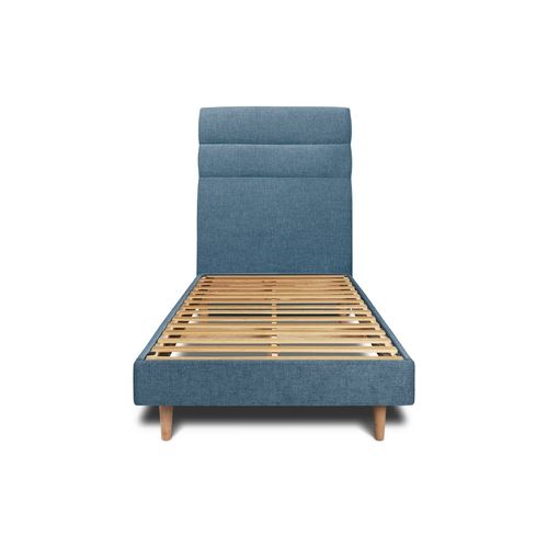 Lit 90x200cm Avec Tête De Lit Lignes Tissu Et Sommier Kit Bleu - Hauteur Totale : 29cm