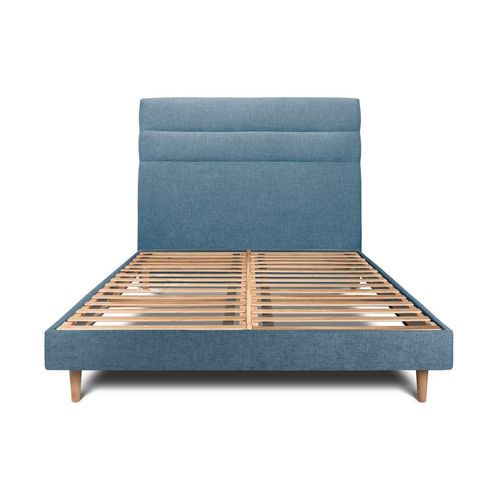 Lit 140x190cm Avec Tête De Lit Lignes Tissu Et Sommier Kit Bleu - Hauteur Totale : 29cm