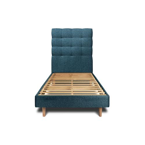 Lit 90x200cm Avec Tête De Lit Capitonnee Bouclette Et Sommier Kit Bleu - Hauteur Totale : 29cm