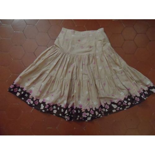Jupe Corolle Voile De Coton Beige Imprimé Fleurs Blanche Porte