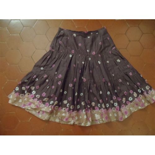 Jupe Corolle Voile De Coton Beige Violet Fleurs Blanche Porte