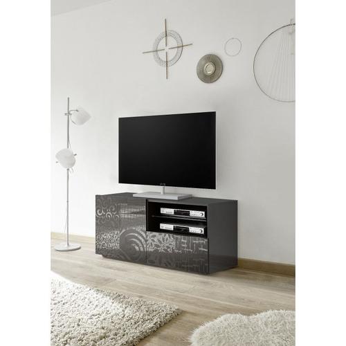 Meuble Tv Moderne 122 Cm Laqué Gris Brillant Orlane Gris Laqué Brillant