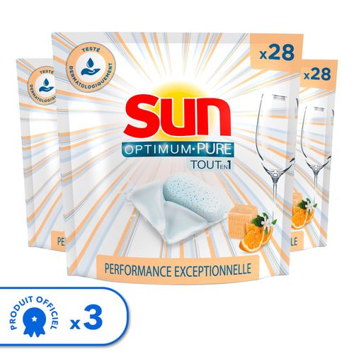 SUN - Lot 3x28 Capsules Lave-Vaisselle Optimum Pure Tout-En-1 Savon de Marseille Efficace en 1 Seul Lavage (84 capsules)