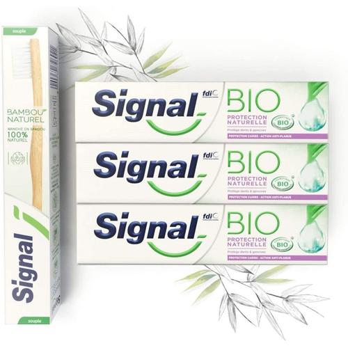 Pack De 3 - Signal - Kit 3 Dentifrices Bio Protection Naturelle Et 1 Brosse À Dents Manuelle Souple Bambou 100 % N 