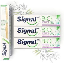 Pack De 3 - Signal - Kit 3 Dentifrices Bio Protection Naturelle Et 1 Brosse À Dents Manuelle Souple Bambou 100 % N 