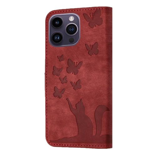 Étui Pour Iphone 15 Pro Max Carte De Poche Housse De Support Chat Papillon Gaufré Flip Folio Étui Portefeuille - Rouge