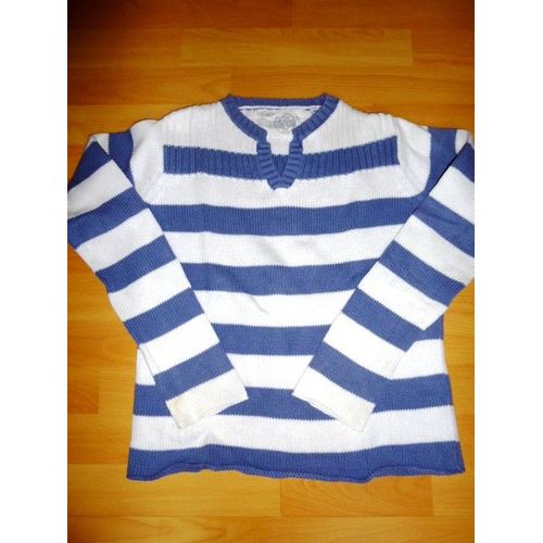 Pull Col V Blanc Et Bleu - Okaïdi - 12/14 Ans