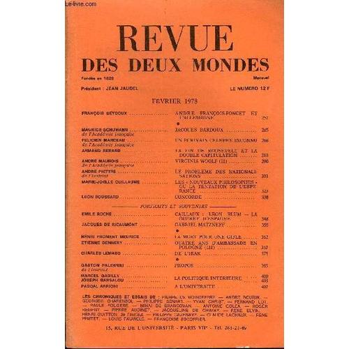 La Revue Des Deux Mondes N°2 + Supplement - François Seydoux. Andre François-Poncet Etl¿Allemagne. Maurice Schumann De L¿Académie Française. Jacques Bardoux .. Felicien Marceau De ...