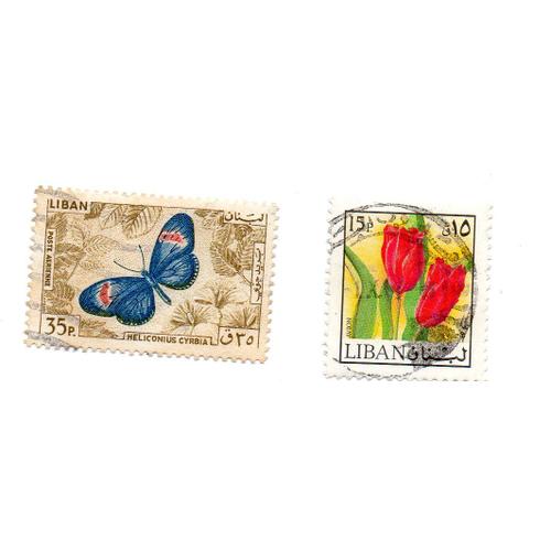 Liban- Lot De 2 Timbres Oblitérés- Papillon (Poste Aérienne) Et Fleur