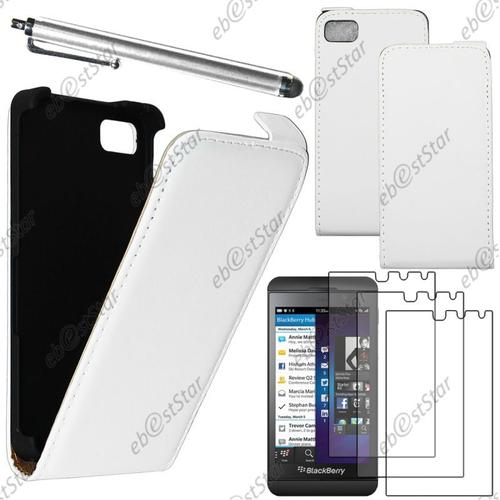 Ebeststar ® Pour Blackberry Z10 - Housse Coque Etui En Pu Cuir À Rabat Ultra Fine (Slim Case) + Stylet + 3 Film Écran, Couleur Blanc [Dimensions Precises De Votre Appareil : 130 X 65.6 X 9 Mm, Écran 4.2'']