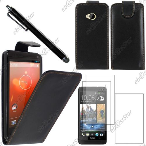 Ebeststar ® Pour Htc One M7 - Housse Coque Etui Simili Cuir À Rabat Vertical + Stylet + 3 Film Écran, Couleur Noir [Dimensions Precises De Votre Appareil : 137.4 X 68.8 X 9.33mm, Écran 4.7'']