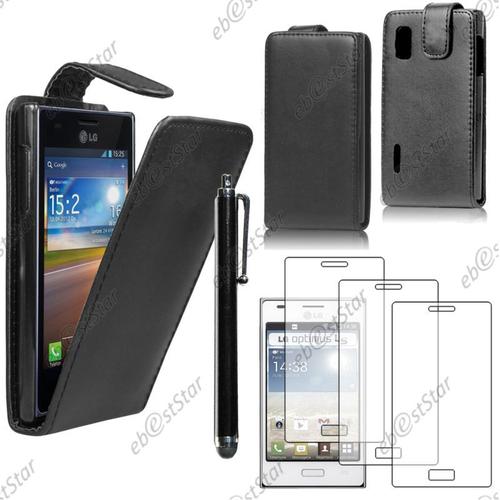 Ebeststar ® Pour Lg Optimus L5 E610 - Housse Coque Etui Simili Cuir À Rabat Vertical + Stylet + 3 Film Écran, Couleur Noir [Dimensions Precises De Votre Appareil : 118.3 X 66.5 X 9.5 Mm, Écran 4'']