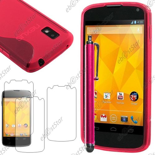 Ebeststar ® Pour Lg Nexus 4 E960 - Housse Etui Coque Silicone Gel Motif S-Line Protection Souple + Stylet + 3 Film Écran, Couleur Rose [Dimensions Precises De Votre Appareil : 133.9 X 68.7 X 9.1 Mm, Écran 4.7'']