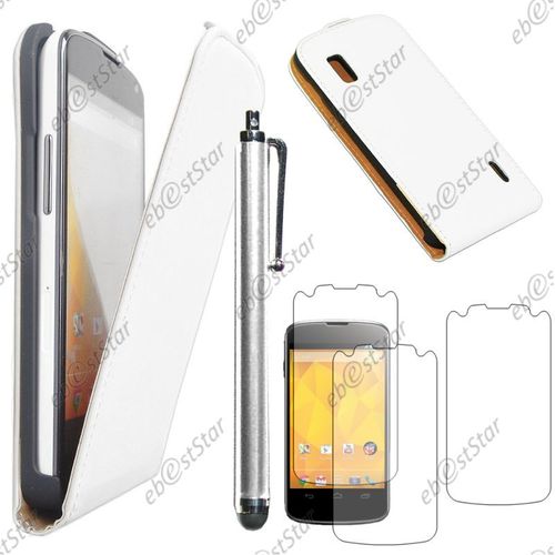 Ebeststar ® Pour Lg Nexus 4 E960 - Housse Coque Etui En Pu Cuir À Rabat Ultra Fine (Slim Case) + Stylet + 3 Film Écran, Couleur Blanc [Dimensions Precises De Votre Appareil : 133.9 X 68.7 X 9.1 Mm, Écran 4.7'']