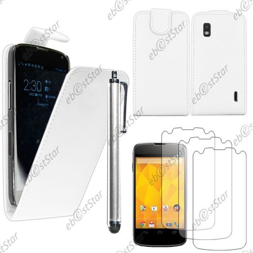 Ebeststar ® Pour Lg Nexus 4 E960 - Housse Coque Etui Simili Cuir À Rabat Vertical + Stylet + 3 Film Écran, Couleur Blanc [Dimensions Precises De Votre Appareil : 133.9 X 68.7 X 9.1 Mm, Écran 4.7'']