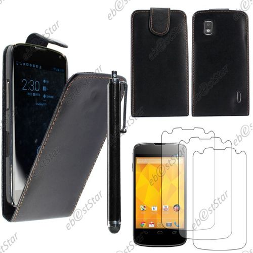 Ebeststar ® Pour Lg Nexus 4 E960 - Housse Coque Etui Simili Cuir À Rabat Vertical + Stylet + 3 Film Écran, Couleur Noir [Dimensions Precises De Votre Appareil : 133.9 X 68.7 X 9.1 Mm, Écran 4.7'']