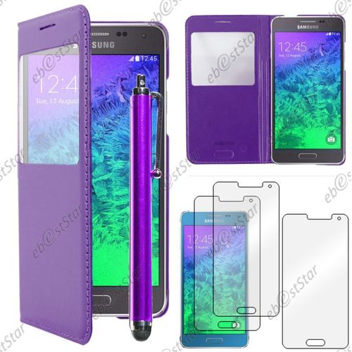 Ebeststar ® Pour Samsung Galaxy Alpha Sm-G850f - Housse Coque Etui Style View Portefeuille + Stylet + 3 Film Écran, Couleur Violet [Dimensions Precises De Votre Appareil : 132.4 X 65.5 X 6.7 Mm, Écran 4.7'']