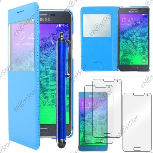 Ebeststar ® Pour Samsung Galaxy Alpha Sm-G850f - Housse Coque Etui Style View Portefeuille + Stylet + 3 Film Écran, Couleur Bleu [Dimensions Precises De Votre Appareil : 132.4 X 65.5 X 6.7 Mm, Écran 4.7'']