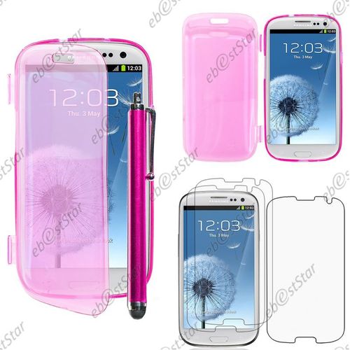 Ebeststar ® Pour Samsung Galaxy S3 I9300 I9305 - Housse Etui Coque Portefeuille Livre Silicone Gel + Stylet + 3 Film Écran, Couleur Rose [Dimensions Precises De Votre Appareil : 136.6 X 70.8 X 8.6 Mm, Écran 4.8'']