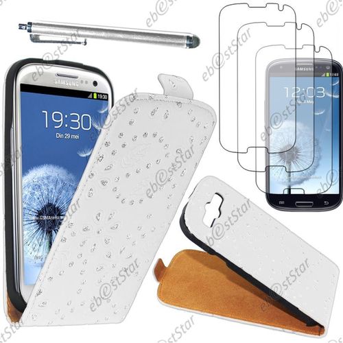 Ebeststar ® Pour Samsung Galaxy S3 I9300 I9305 - Housse Coque Etui En Pu Cuir À Rabat Ultra Fine (Slim Case) Avec Strass + Stylet + 3 Film Écran, Couleur Blanc [Dimensions Precises De Votre Appareil : 136.6 X 70.8 X 8.6 Mm, Écran 4.8'']