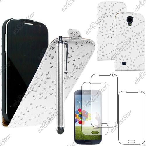 Ebeststar ® Pour Samsung Galaxy S4 I9500 I9505 - Housse Coque Etui En Pu Cuir À Rabat Ultra Fine (Slim Case) Avec Strass + Stylet + 3 Film Écran, Couleur Blanc [Dimensions Precises De Votre Appareil : 136.6 X 69.8 X 7.9 Mm, Écran 5'']