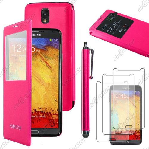 Ebeststar ® Pour Samsung Galaxy Note 3 Gt-N9000, N9002, N9005 - Coque Etui Flip View Cover Housse Portefeuille Grande Fenêtre + Stylet + 3 Film Écran, Couleur Rose [Dimensions Precises De Votre Appareil : 79.2 X 151.2 X 8.3 Mm, Écran 5.7'']