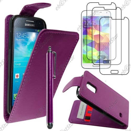 Ebeststar ® Pour Samsung Galaxy S5 Mini Sm-G800 G800f G800h - Housse Coque Etui Simili Cuir À Rabat Vertical + Stylet + 3 Film Écran, Couleur Violet [Dimensions Precises De Votre Appareil : 131.1 X 64.8 X 9.1 Mm, Écran 4.5'']
