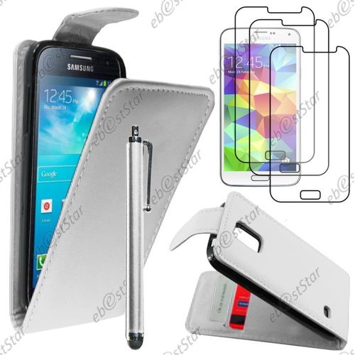 Ebeststar ® Pour Samsung Galaxy S5 Mini Sm-G800 G800f G800h - Housse Coque Etui Simili Cuir À Rabat Vertical + Stylet + 3 Film Écran, Couleur Blanc [Dimensions Precises De Votre Appareil : 131.1 X 64.8 X 9.1 Mm, Écran 4.5'']