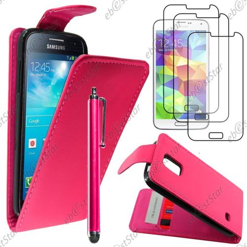 Ebeststar ® Pour Samsung Galaxy S5 Mini Sm-G800 G800f G800h - Housse Coque Etui Simili Cuir À Rabat Vertical + Stylet + 3 Film Écran, Couleur Rose [Dimensions Precises De Votre Appareil : 131.1 X 64.8 X 9.1 Mm, Écran 4.5'']