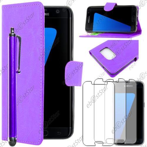 Ebeststar ® Pour Samsung Galaxy S7 Sm-G930f, G930 - Housse Coque Etui Portefeuille Support Folio Simi Cuir + Stylet + 3 Film Écran, Couleur Violet [Dimensions Precises De Votre Appareil : 142.4 X 69.6 X 7.9 Mm, Écran 5.1'']