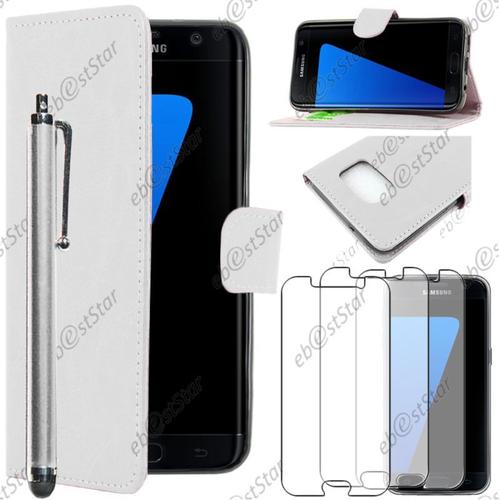 Ebeststar ® Pour Samsung Galaxy S7 Sm-G930f, G930 - Housse Coque Etui Portefeuille Support Folio Simi Cuir + Stylet + 3 Film Écran, Couleur Blanc [Dimensions Precises De Votre Appareil : 142.4 X 69.6 X 7.9 Mm, Écran 5.1'']