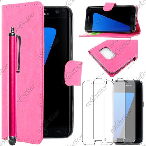 Ebeststar ® Pour Samsung Galaxy S7 Sm-G930f, G930 - Housse Coque Etui Portefeuille Support Folio Simi Cuir + Stylet + 3 Film Écran, Couleur Rose [Dimensions Precises De Votre Appareil : 142.4 X 69.6 X 7.9 Mm, Écran 5.1'']