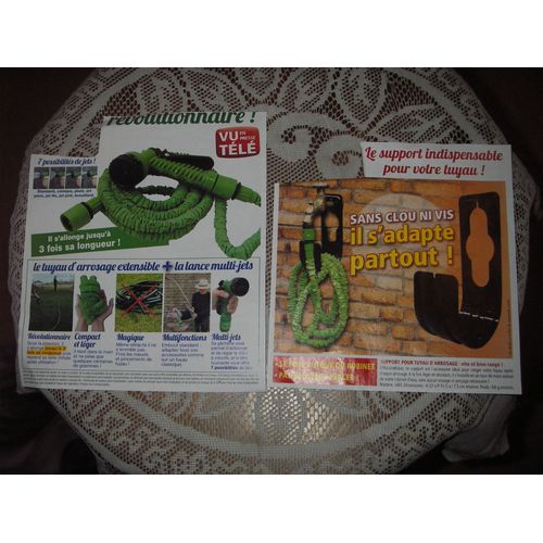 Tuyau d'arrosage extensible 7.5 mètres + pistolet et raccords automatiques + support pour tuyau sans clou ni vis ,matière ABS ,dimensions :H 22 X P 11,5 X L 17,5 cm