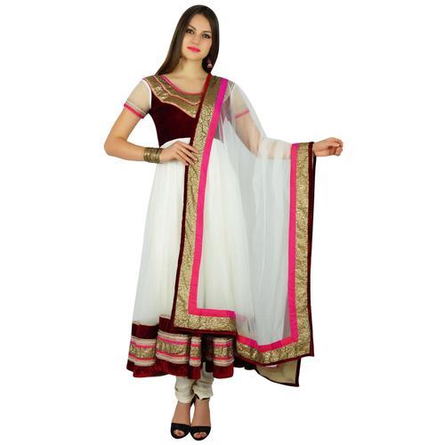 Bimba Aux Femmes Flaired Costume Net Anarkali Salwar Kurta Serti Dupatta Ready-Made Usure Du Parti Ethnique Indien, Blanc