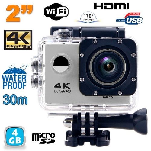 Caméra Sport Étanche Résolution 4K Slow Motion 16Mp Grand Angle 170° Argent + SD 64Go YONIS