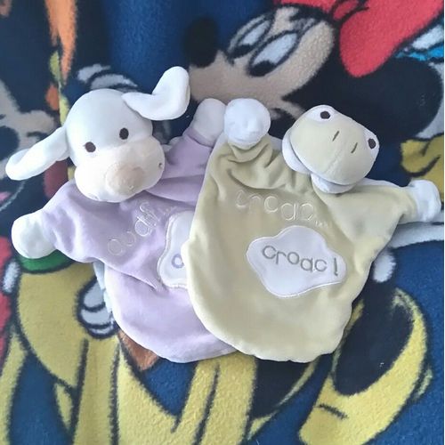 Lot Doudou Marionnette Chien Violet Grenouille Verte Croac Ouaf Eveil Et Tendresse